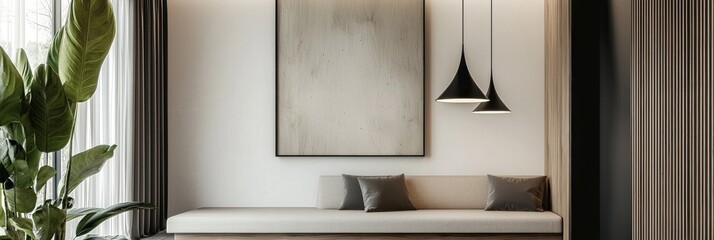 Minimalist living room with a large window, a bench, and two pendant lights.