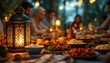 © Tahubulat - An Islamic holiday dinner that celebrates a family gathering with traditional Arab dishes, date palms, and festive Ramadan decorations