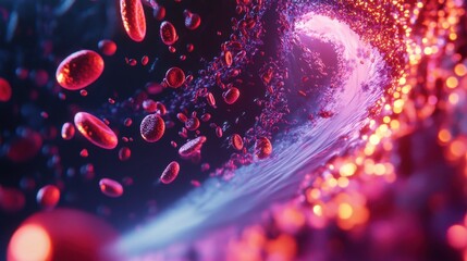 Sticker - A zoomed-in 3D depiction of vibrant red blood cells in motion, flowing through a detailed and illuminated circulatory pathway