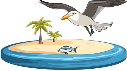 Wall Mural - Albatross over Tropical Island Paradise with Fish.