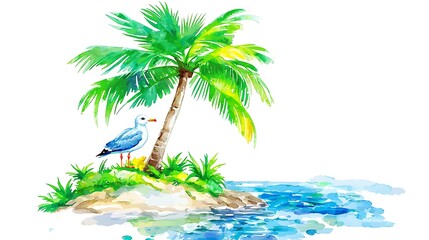 Wall Mural - Watercolor Painting of a Tropical Island with a Seagull and Palm Tree.