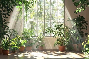 Wall Mural - A bright, airy room filled with lush tropical succulents and potted trees, soft sunlight streaming through a large window, leaf shadows on a clean white wall