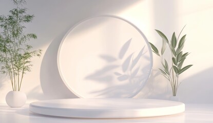 Wall Mural - White podium, plants, sunlight, shadow, minimal studio