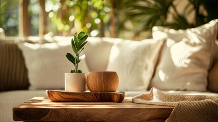 Wall Mural - Cozy and Inviting Living Room with Greenery Accents and Neutral Tones