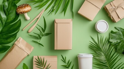 Wall Mural - Tropical Greenery Flatlay with Natural Leaves Decor and Minimalistic Accessories