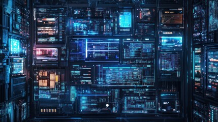 Futuristic digital interface showcasing vibrant data displays and complex technology layout
