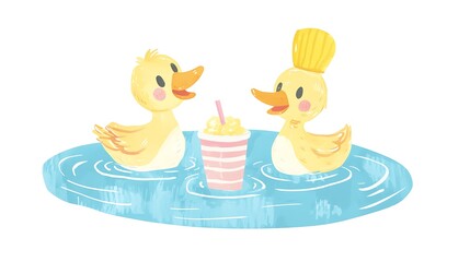 Canvas Print - Two Cute Ducks Enjoying a Summer Treat in a Pond.