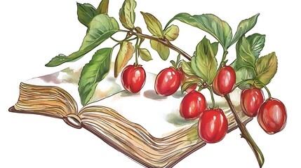 Wall Mural - Watercolor Painting of Cherries on an Open Book.