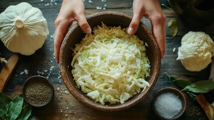 Wall Mural - Chef holding bowl of freshly cut cabbage with ingredients surrounding it