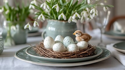 Wall Mural - Easter chick sitting in nest with easter eggs decorating festive table