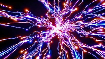 Poster - Colorful neon light streaks radiating from center on black background, vibrant abstract energy flow. Dynamic digital art concept
