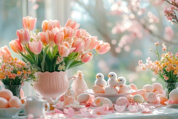 Wall Mural - Easter table setting with pink tulips, chicks and colorful eggs