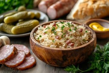 Wall Mural - Bavarian sauerkraut with sausages, gherkins, mustard and parsley on rustic wooden table