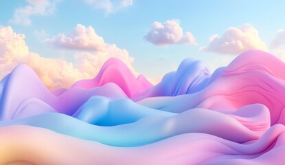 Wall Mural - Pastel hills, sky, clouds, dreamy landscape, digital art, website banner