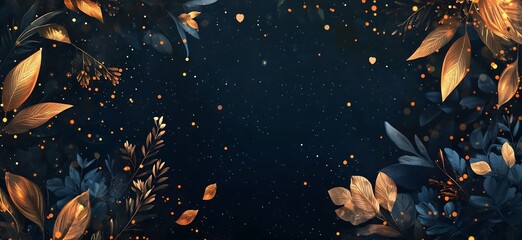 Elegant gold leaves frame a dark blue background with bokeh effect for design