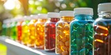 A row of different types and colors of supplement bottles, including multivitamin and vegetable oil