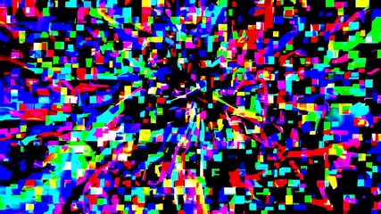 Poster - Vibrant explosion of multicolored digital pixels on a black background. Abstract digital art and technology concept