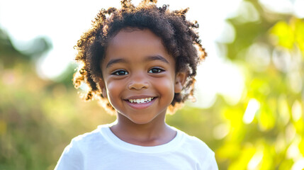 Smiling child with sunlit curls. The bright, happy face radiates warmth against a blurred natural background. Innocent beauty shines!