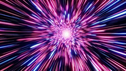Poster - Colorful light burst with red, pink, and blue streaks radiating from center against black background. Space warp and speed travel concept