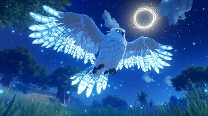 Wall Mural - majestic glowing owl flying under starry night sky