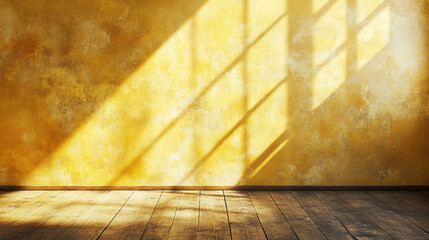 Wall Mural - Sunlight streams through a window, casting geometric shadows on a textured yellow wall and dark wood floor, creating a warm atmosphere.