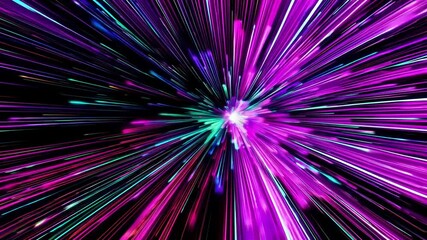 Poster - Bright magenta and cyan light streaks radiating from a central point on a black background. Dynamic energy and movement concept