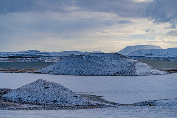 Wall Mural - The winter landscape at the volcanic area of Mývatn lake, Iceland.