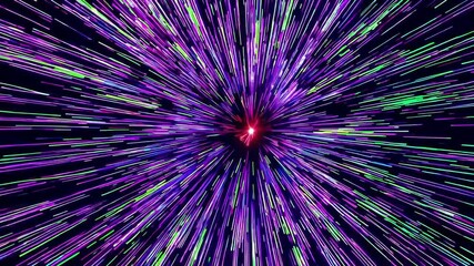 Poster - Colorful light burst with yellow, green, and purple streaks radiating from center on black background. Cosmic speed and energy concept