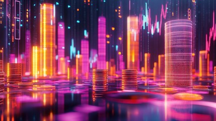 Neon cityscape, data streams, financial charts, digital landscape, tech background