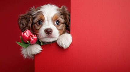 small, adorable puppy peeks out from behind a bright red panel, gently holding a pink flower in its mouth, radiating joy and affection in a cheerful setting