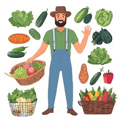 Wall Mural - Happy Farmer with Baskets of Fresh Vegetables and Produce.