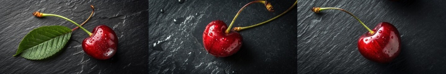 Three cherries are shown in a row, with one cherry in the middle and two on the left and right. The cherries are red and shiny, and the leaves are green. Concept of freshness and natural beauty