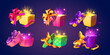 © klyaksun - Open gift boxes set with glowing magical light inside and decorative bows - stars fly from colorful packages. Cartoon cute illuminated present containers for game rewards or bonus interface design.