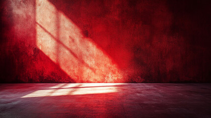 Intense red room with light rays streaming through an unseen window, illuminating the floor and wall. Creates a dramatic atmosphere.