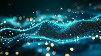 Abstract blue and gold particle wave pattern with glowing light bokeh