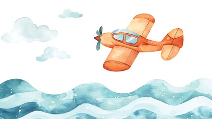 Wall Mural - Watercolor Illustration of a Cute Airplane Flying Over the Ocean with Clouds