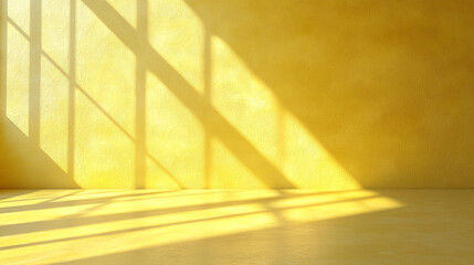 Sunlight streams into a yellow room, casting geometric shadows that add depth and warmth to the minimalistic interior design.