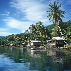 Wall Mural - Idyllic Tropical Village Homes on Stilts by Calm Ocean Water.