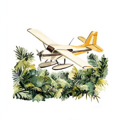 Wall Mural - Watercolor Painting of a Seaplane Flying Over Lush Tropical Foliage.