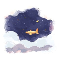 Canvas Print - Airplane Flying Above Clouds at Night - Watercolor Illustration.