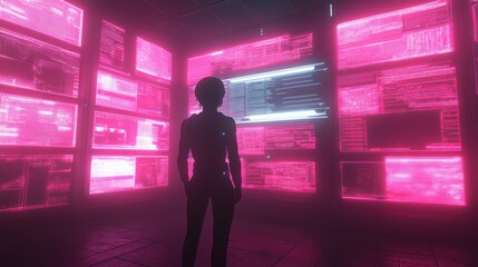 Cybernetic woman stands before many screens filled with digital information
