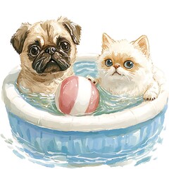 Canvas Print - Adorable Pug and Persian Kitten Enjoying a Pool Party