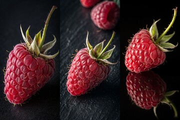 Three close up pictures of a red raspberry. The first picture is a close up of the stem and the second picture is a close up of the fruit