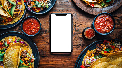 Wall Mural - Advertising the mobile application of a Mexican restaurant for ordering and delivering traditional Mexican dishes. Phone mockup. On the table is a cell phone with a white screen