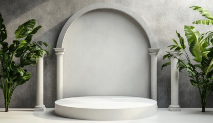 Poster - Elegant arched display podium, tropical plants, studio backdrop