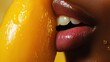 © ddaremmth - Close-up of a persons lips and teeth tearing into a ripe mango, golden juice dripping from the bite.