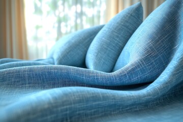 Wall Mural - Soft blue cushions arranged elegantly on a cozy sofa with sunlight filtering through curtains