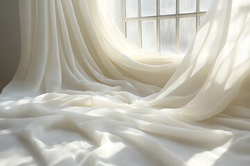 Wall Mural - Soft, flowing white curtains draped elegantly by a sunlit window, casting gentle shadows on a serene room