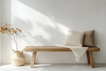 Wall Mural - Minimalist interior featuring wooden bench, soft pillows, and su