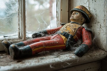 Wall Mural - A forgotten, antique toy soldier doll lies on a dusty windowsill, entangled in cobwebs, evoking a sense of nostalgia and the passage of time in an abandoned place.